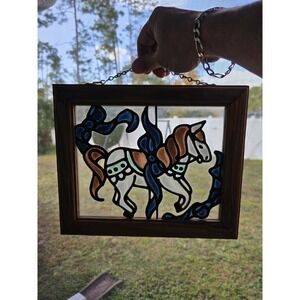 VTG Painted Glass Carousel Horses Window Panel Wood Frame 12"x10" Hanging Art